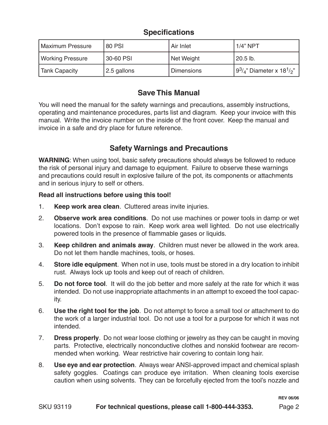 Harbor Freight Tools 93119 operating instructions Specifications, Save This Manual, Safety Warnings and Precautions 