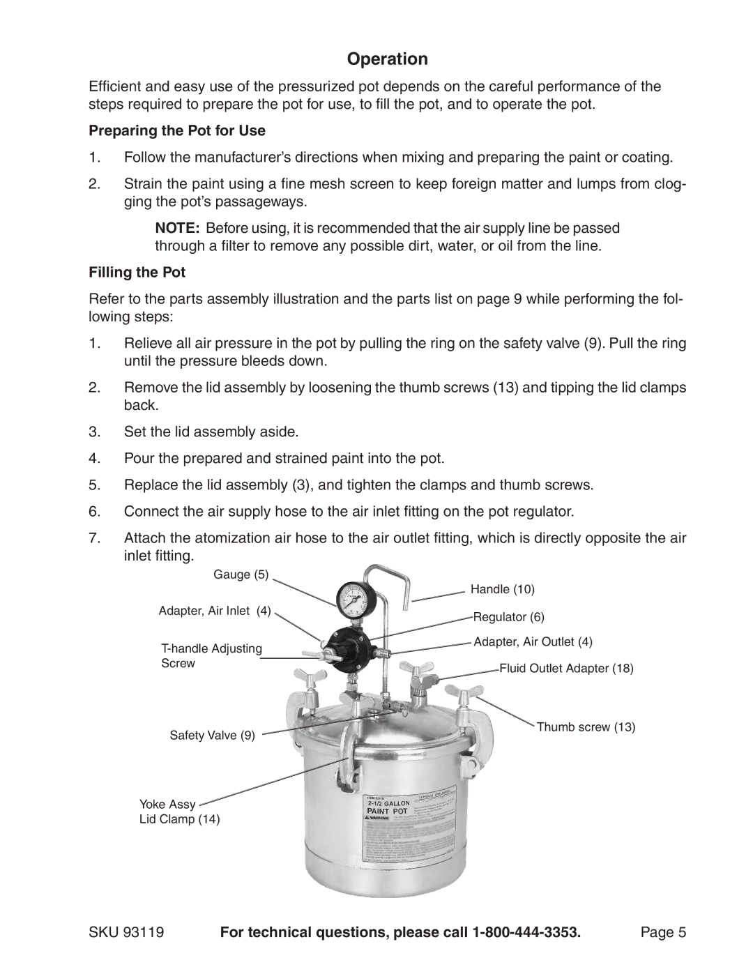 Harbor Freight Tools 93119 operating instructions Operation, Preparing the Pot for Use, Filling the Pot 