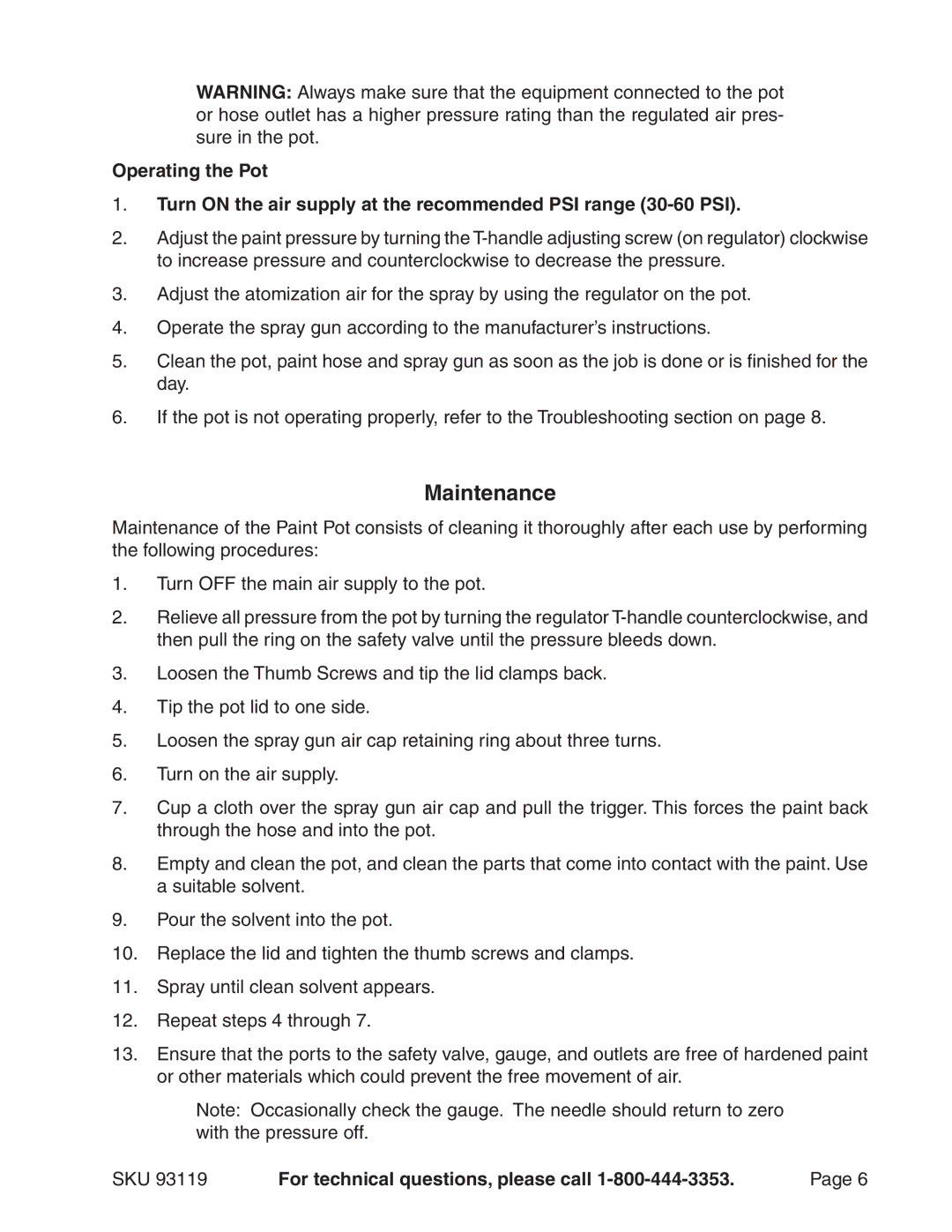 Harbor Freight Tools 93119 operating instructions Maintenance 