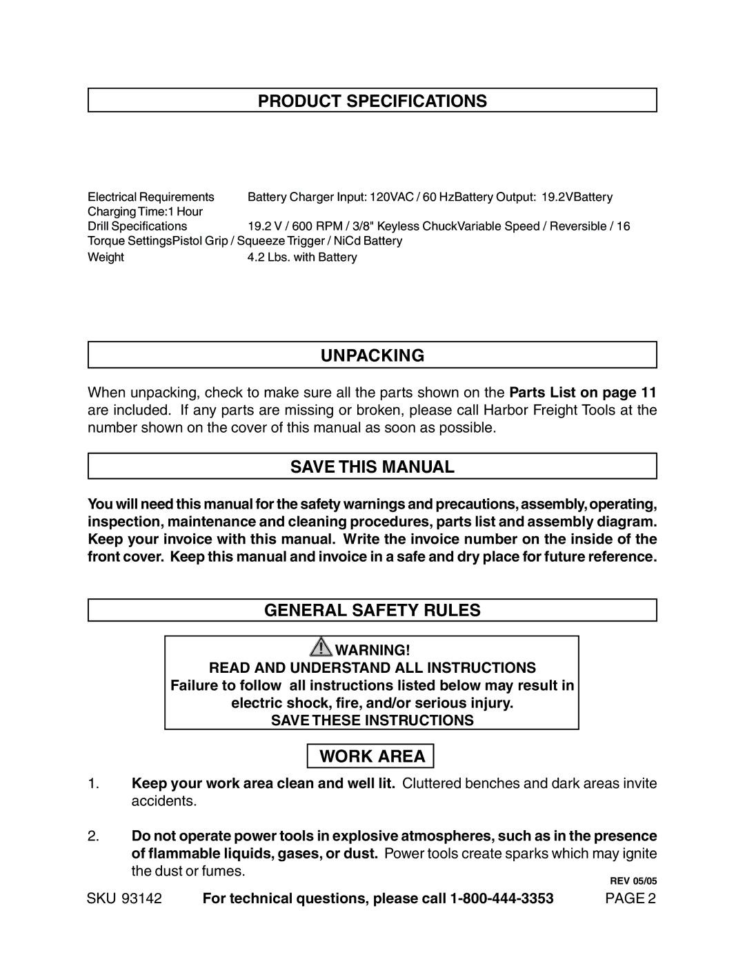 Harbor Freight Tools 93142 Product Specifications, Unpacking, Save this Manual, General Safety Rules, Work Area 