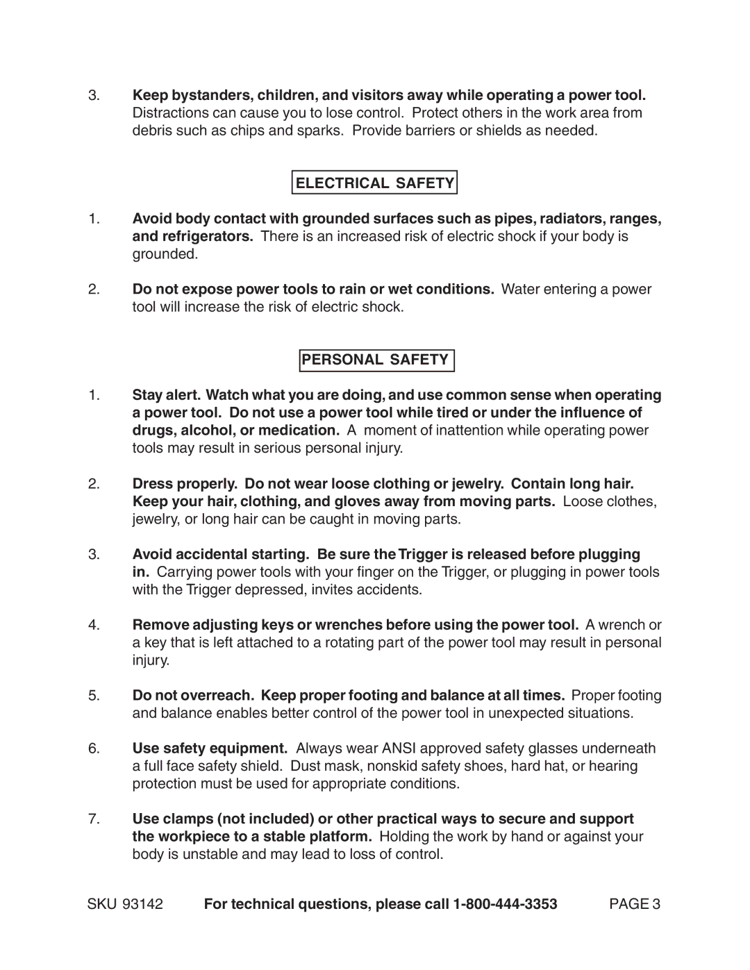 Harbor Freight Tools 93142 operating instructions Electrical Safety, Personal Safety 