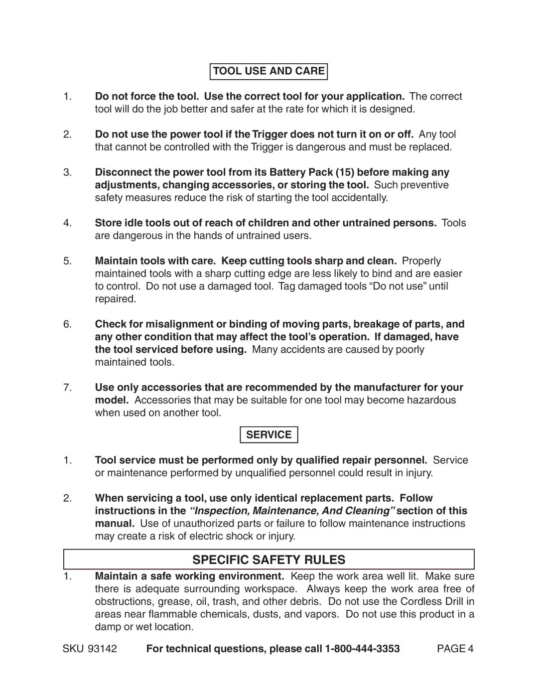 Harbor Freight Tools 93142 Specific Safety Rules, Tool USE and Care, Service, SKU For technical questions, please call 