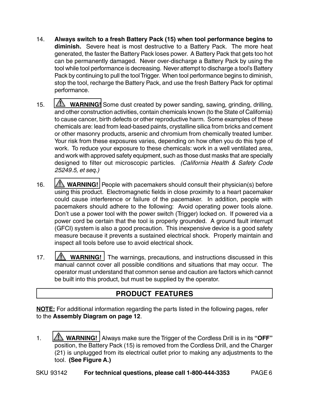 Harbor Freight Tools 93142 operating instructions Product Features 