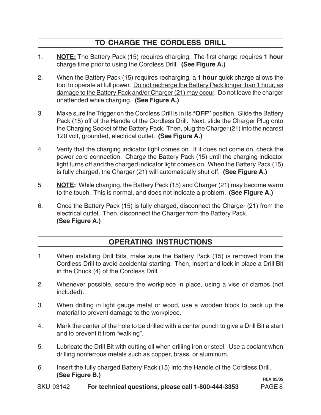 Harbor Freight Tools 93142 operating instructions To Charge the Cordless Drill, Operating Instructions, See Figure B 