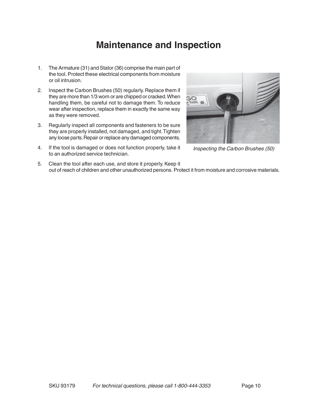 Harbor Freight Tools 93179 operating instructions Maintenance and Inspection, Inspecting the Carbon Brushes 