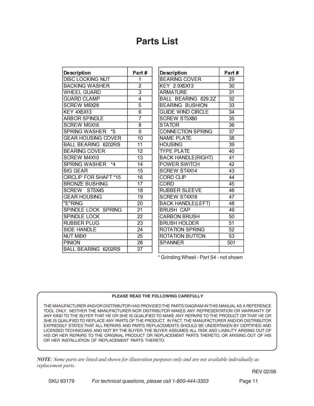 Harbor Freight Tools 93179 operating instructions Parts List, Description 