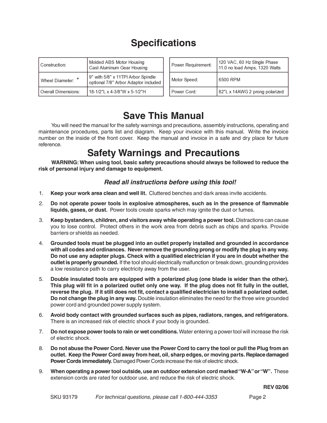 Harbor Freight Tools 93179 operating instructions Specifications, Save This Manual, Safety Warnings and Precautions 