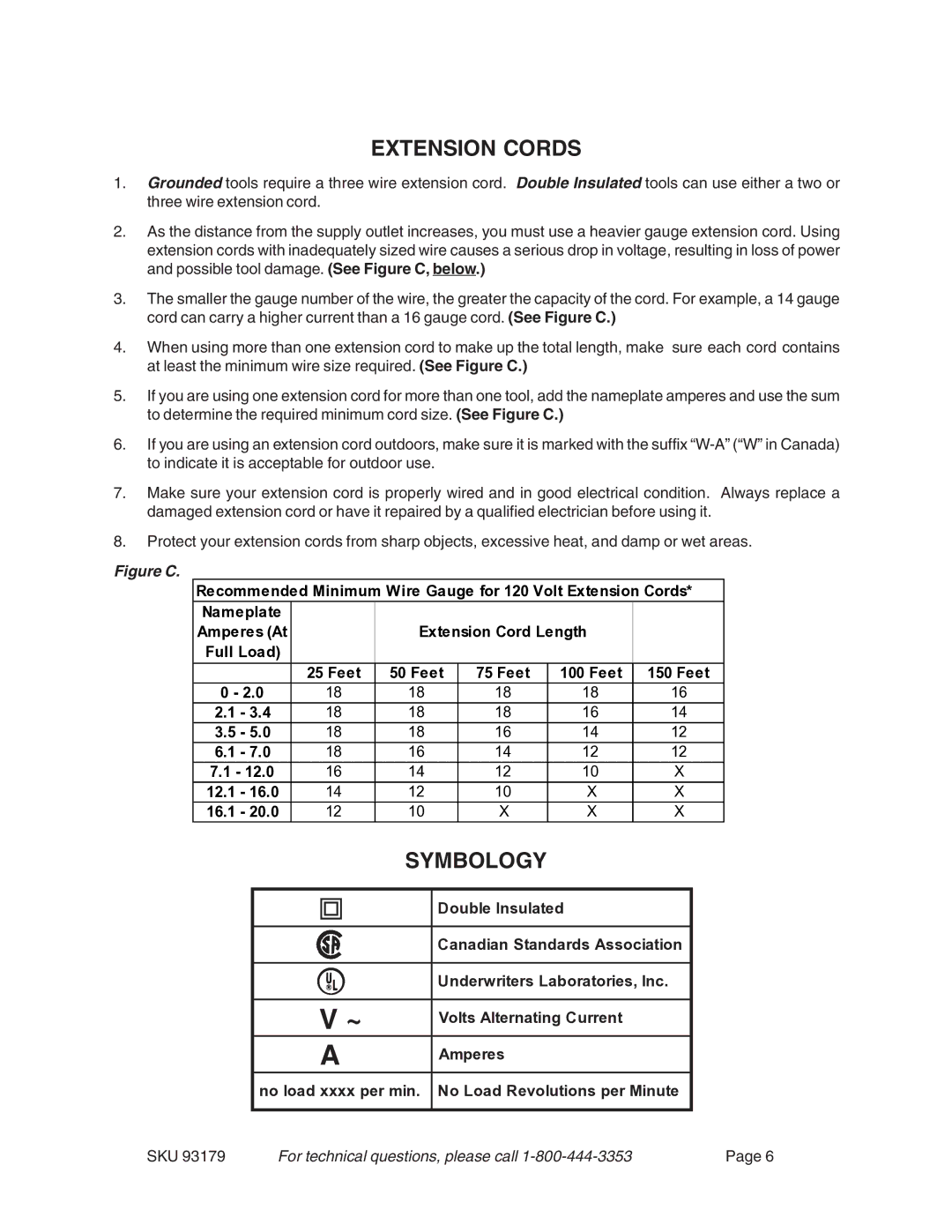 Harbor Freight Tools 93179 operating instructions Extension Cords 