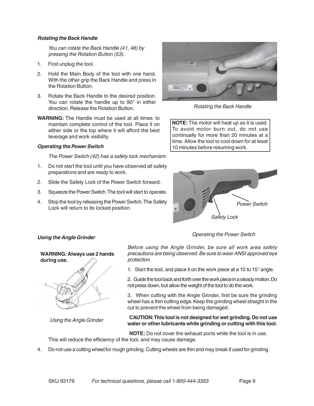 Harbor Freight Tools 93179 operating instructions Rotating the Back Handle 