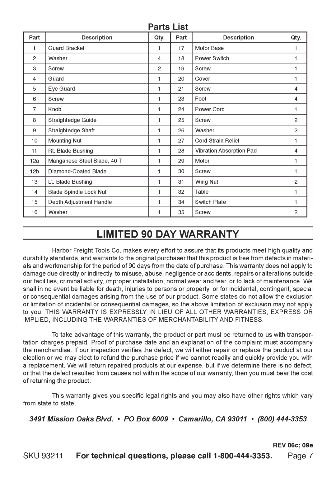 Harbor Freight Tools 93211 operating instructions Limited 90 DAY Warranty 