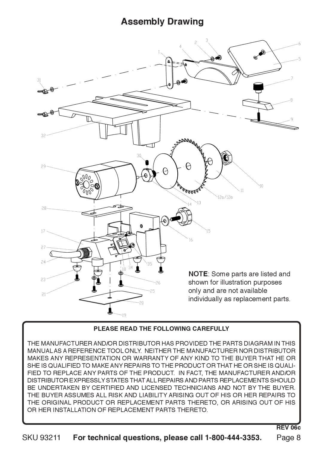 Harbor Freight Tools 93211 operating instructions Assembly Drawing, Please Read the Following Carefully 