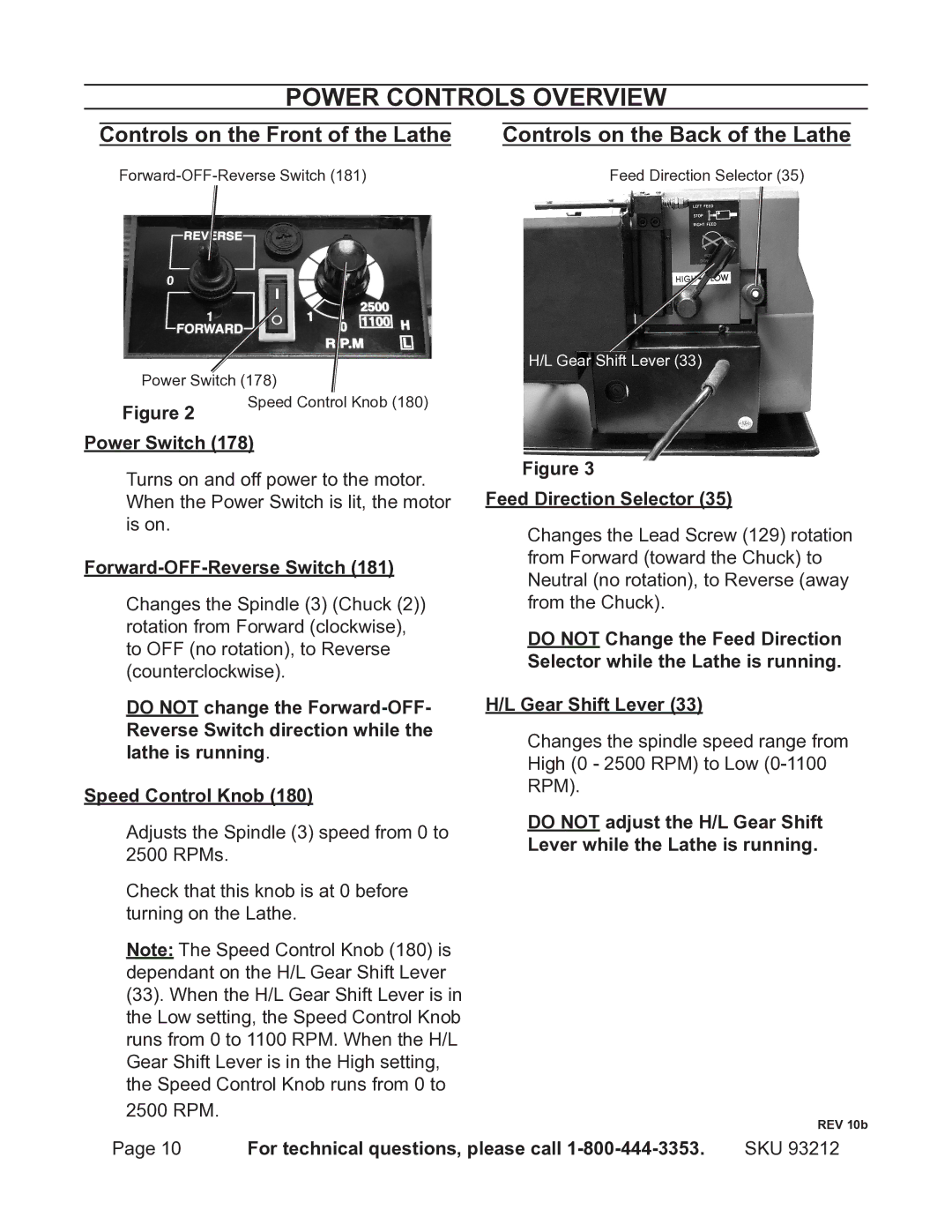 Harbor Freight Tools 93212 operating instructions Power Controls overview, Controls on the Front of the Lathe, Power Switch 