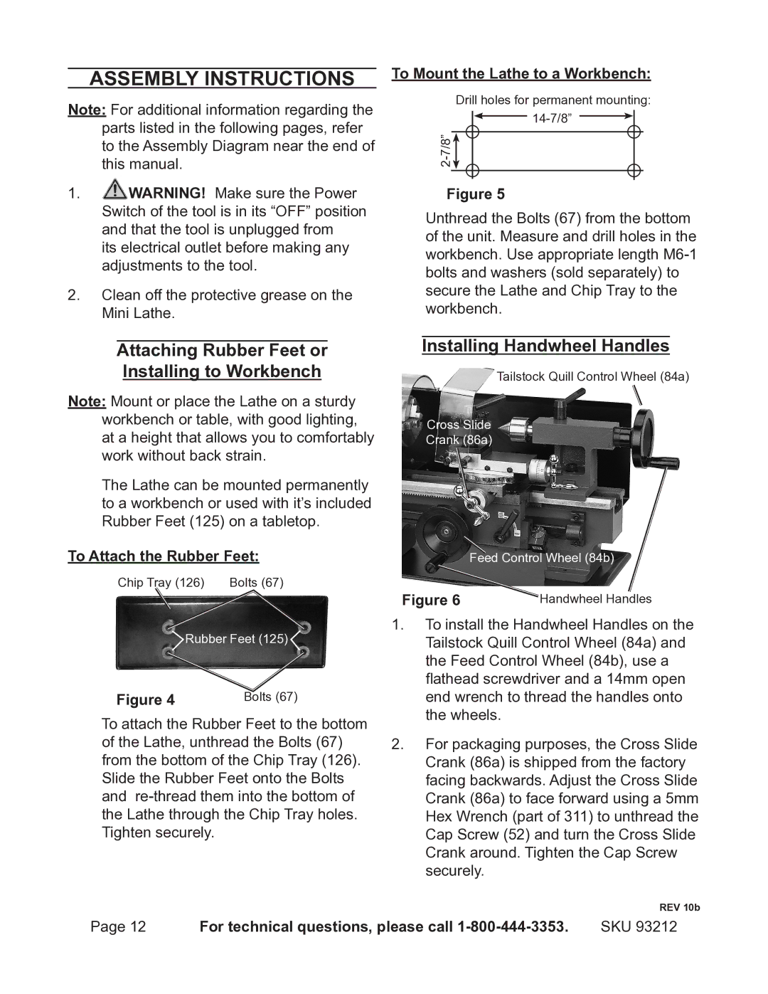 Harbor Freight Tools 93212 operating instructions Assembly Instructions, Attaching Rubber Feet or Installing to Workbench 