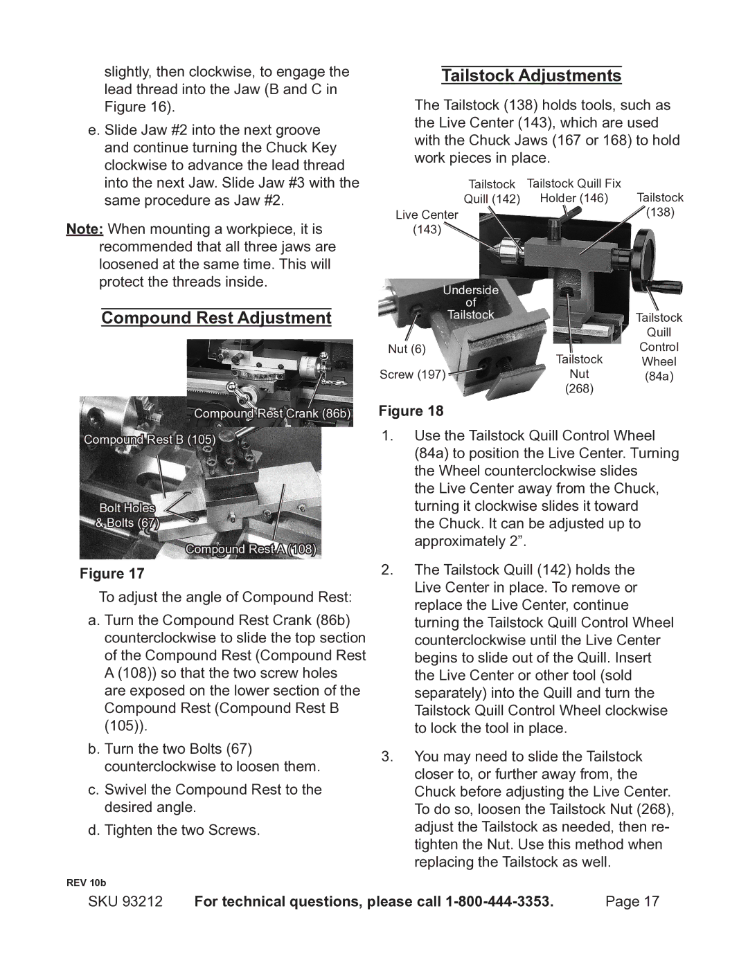 Harbor Freight Tools 93212 operating instructions Compound Rest Adjustment, Tailstock Adjustments 