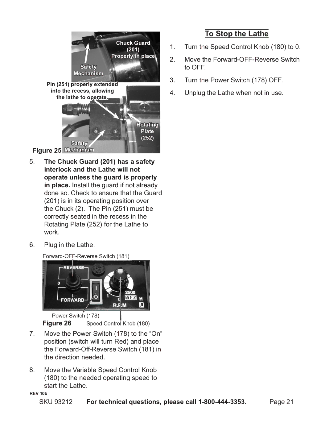 Harbor Freight Tools 93212 operating instructions To Stop the Lathe, Mechanism Chuck Guard 201 has a safety 