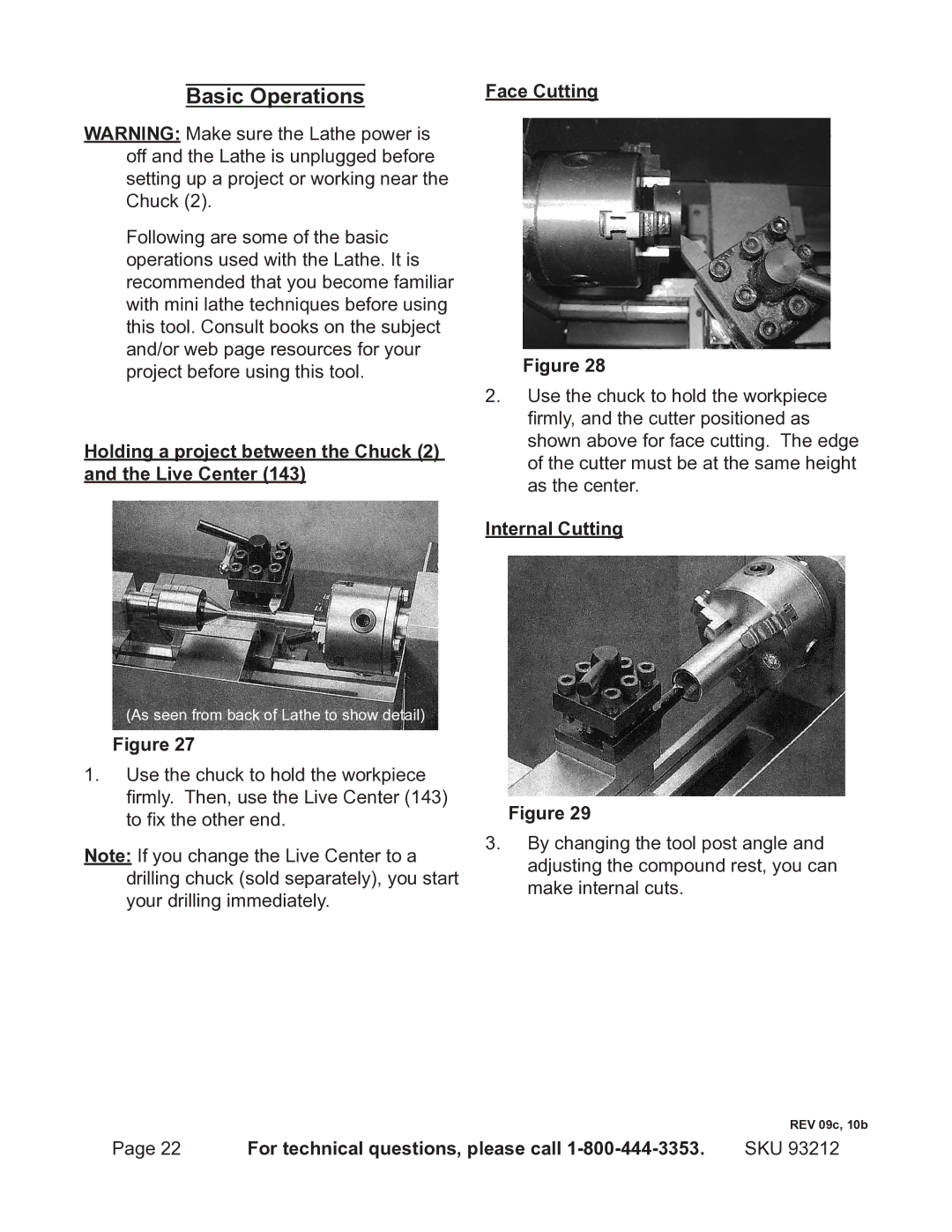 Harbor Freight Tools 93212 Basic Operations, Holding a project between the Chuck 2 and the Live Center, Face Cutting 