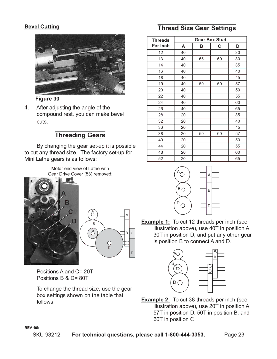 Harbor Freight Tools 93212 operating instructions Threading Gears, Thread Size Gear Settings, Bevel Cutting 