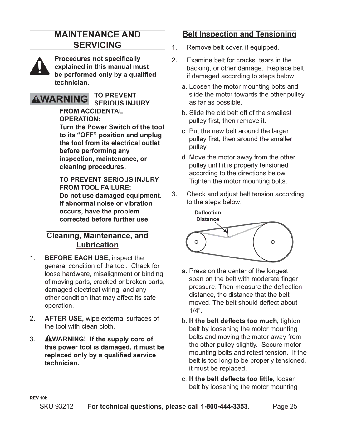 Harbor Freight Tools 93212 Maintenance Servicing, Cleaning, Maintenance, Lubrication, Belt Inspection and Tensioning 