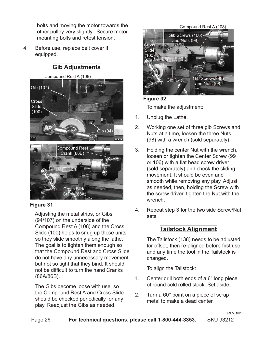 Harbor Freight Tools 93212 operating instructions Gib Adjustments, Tailstock Alignment 