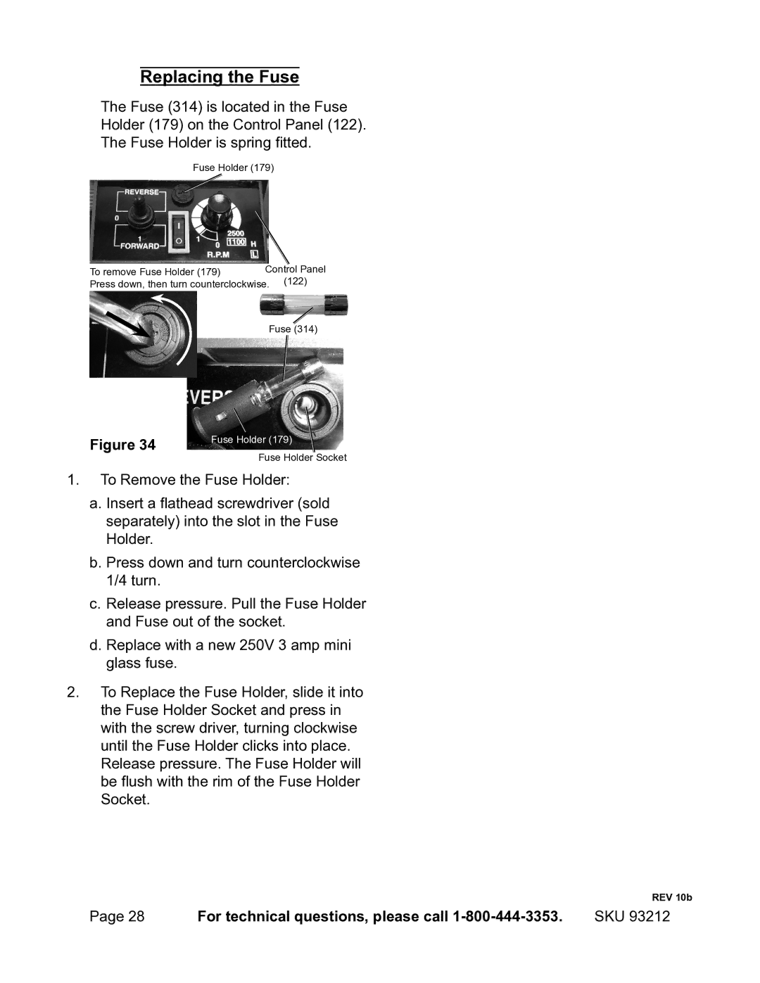 Harbor Freight Tools 93212 operating instructions Replacing the Fuse 