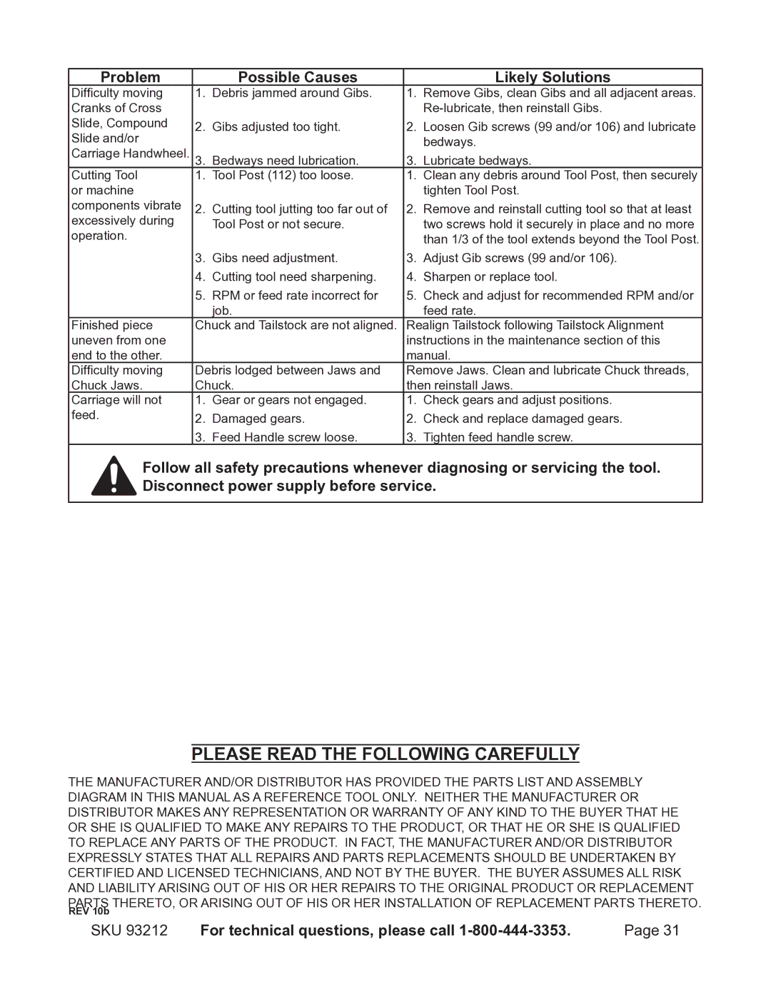 Harbor Freight Tools 93212 operating instructions Please Read the Following Carefully 