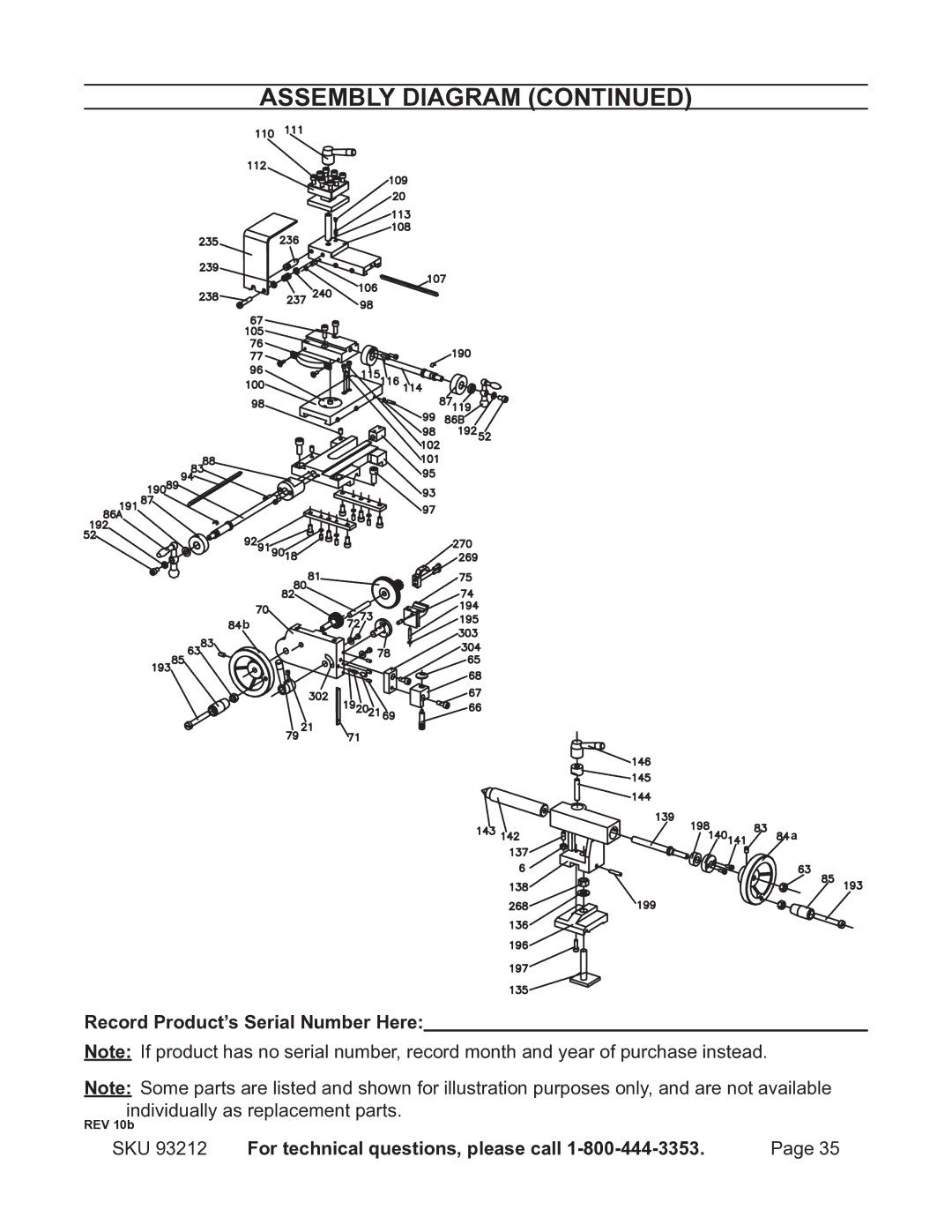 Harbor Freight Tools 93212 operating instructions Assembly Diagram, Record Product’s Serial Number Here 