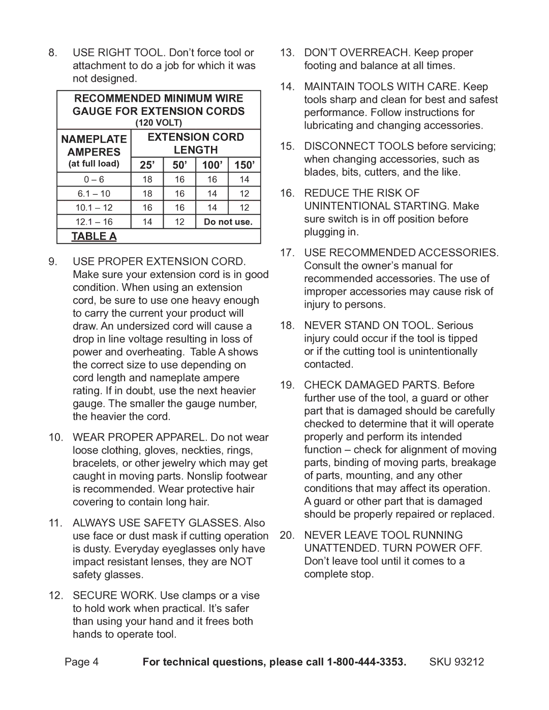 Harbor Freight Tools 93212 operating instructions 25’ 50’ 100’ 150’, Table a 