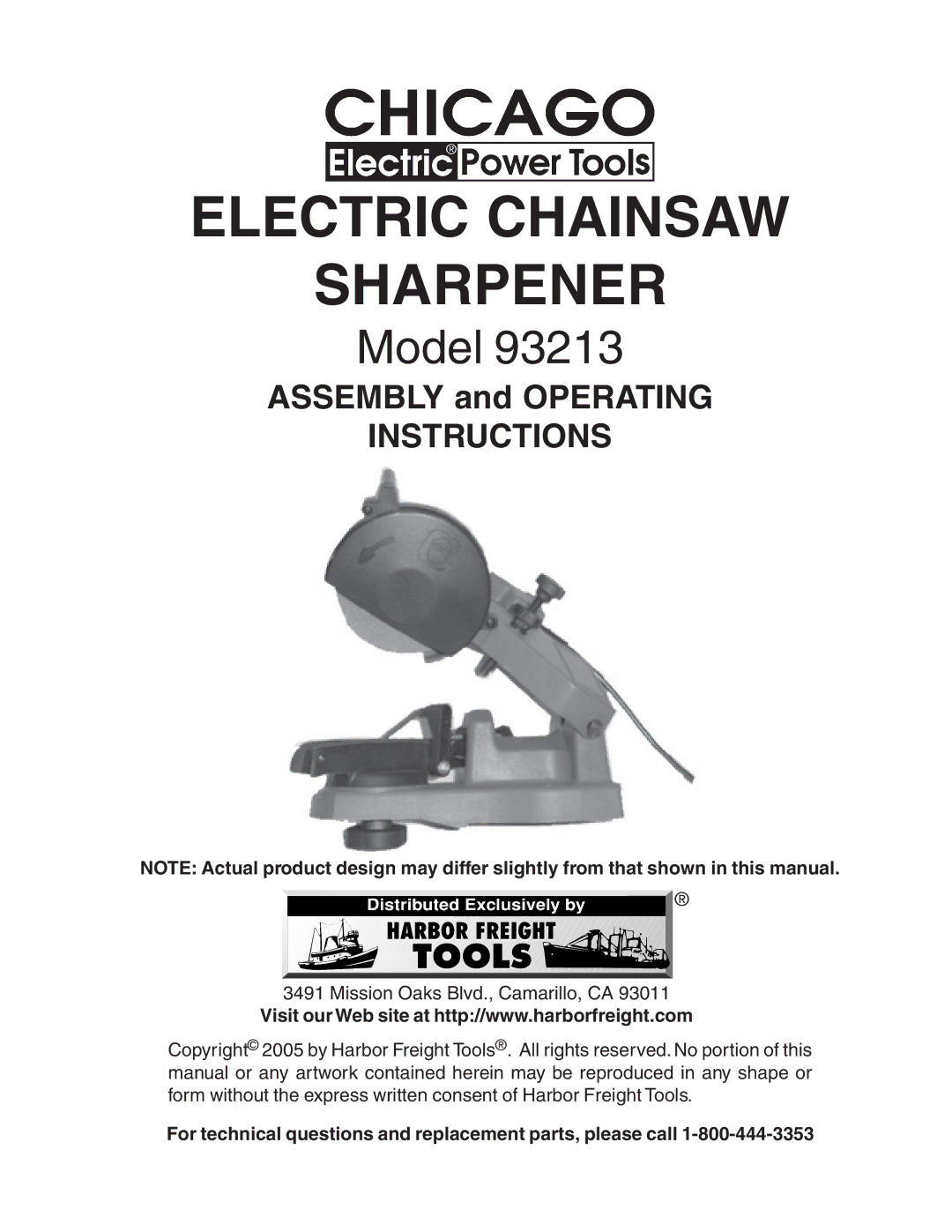 Harbor Freight Tools 93213 manual Electric Chainsaw Sharpener, For technical questions and replacement parts, please call 