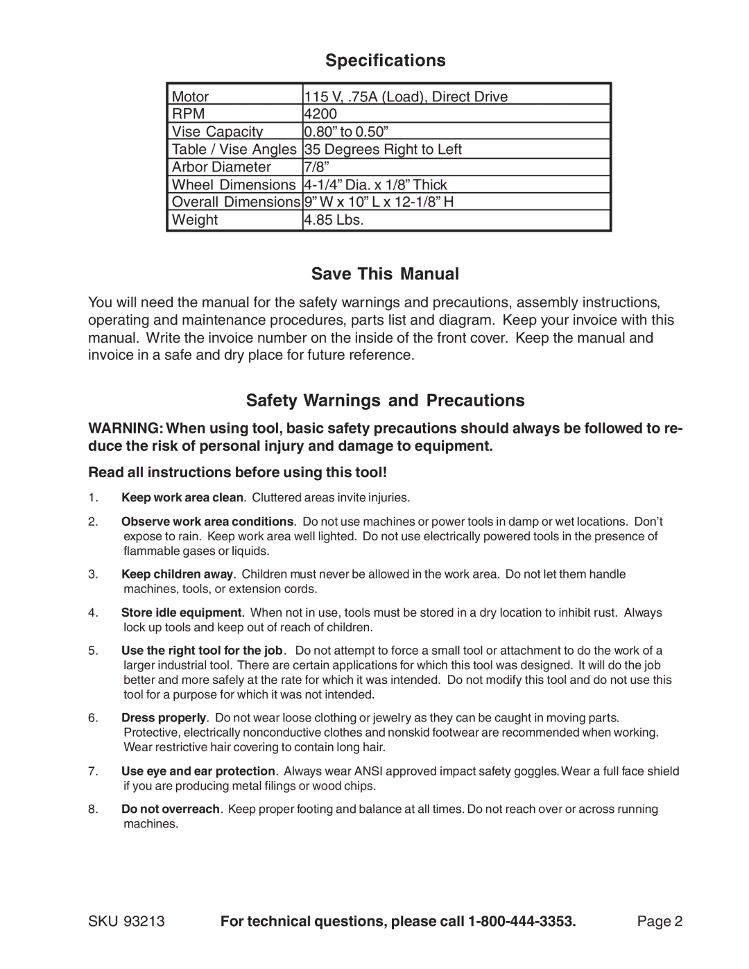 Harbor Freight Tools 93213 manual Specifications, Save This Manual, Safety Warnings and Precautions 