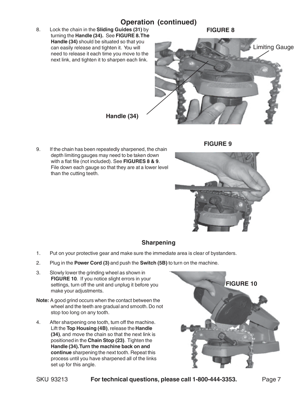 Harbor Freight Tools 93213 manual Handle, Sharpening 