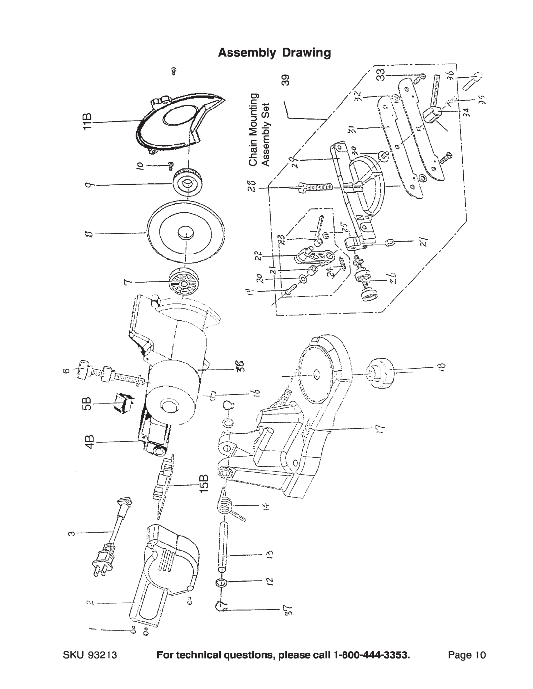Harbor Freight Tools 93213 manual Assembly Drawing, Chain Mounting Assembly Set, For technical questions, please call, Page 