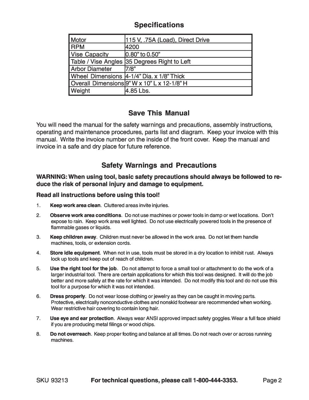 Harbor Freight Tools 93213 manual Specifications, Save This Manual, Safety Warnings and Precautions 