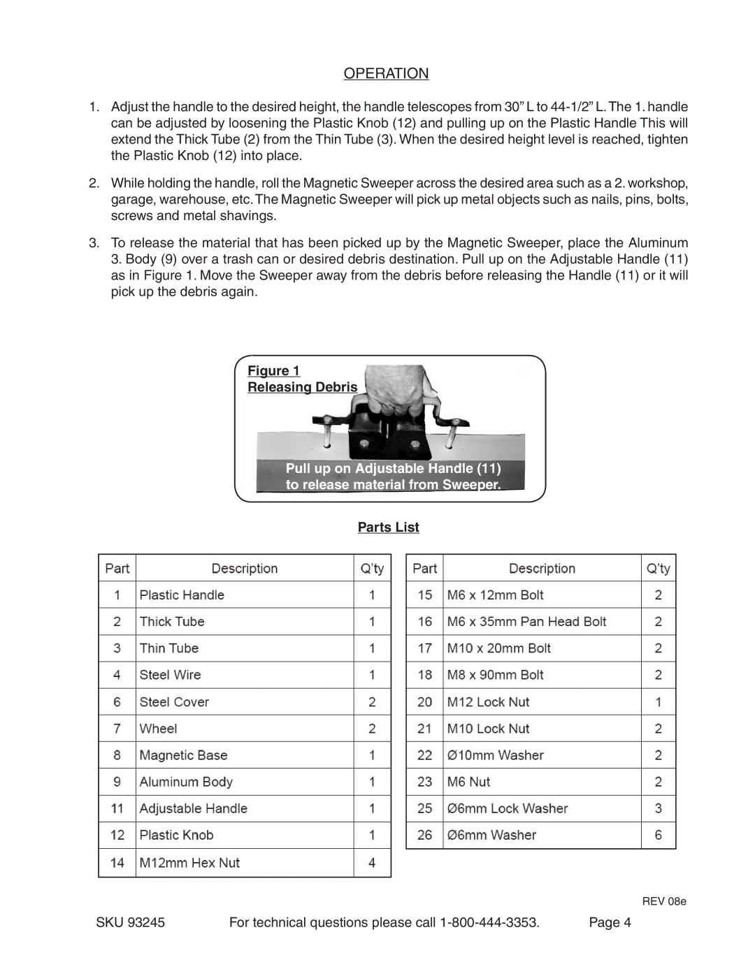 Harbor Freight Tools 93245 manual Releasing Debris, Parts List 