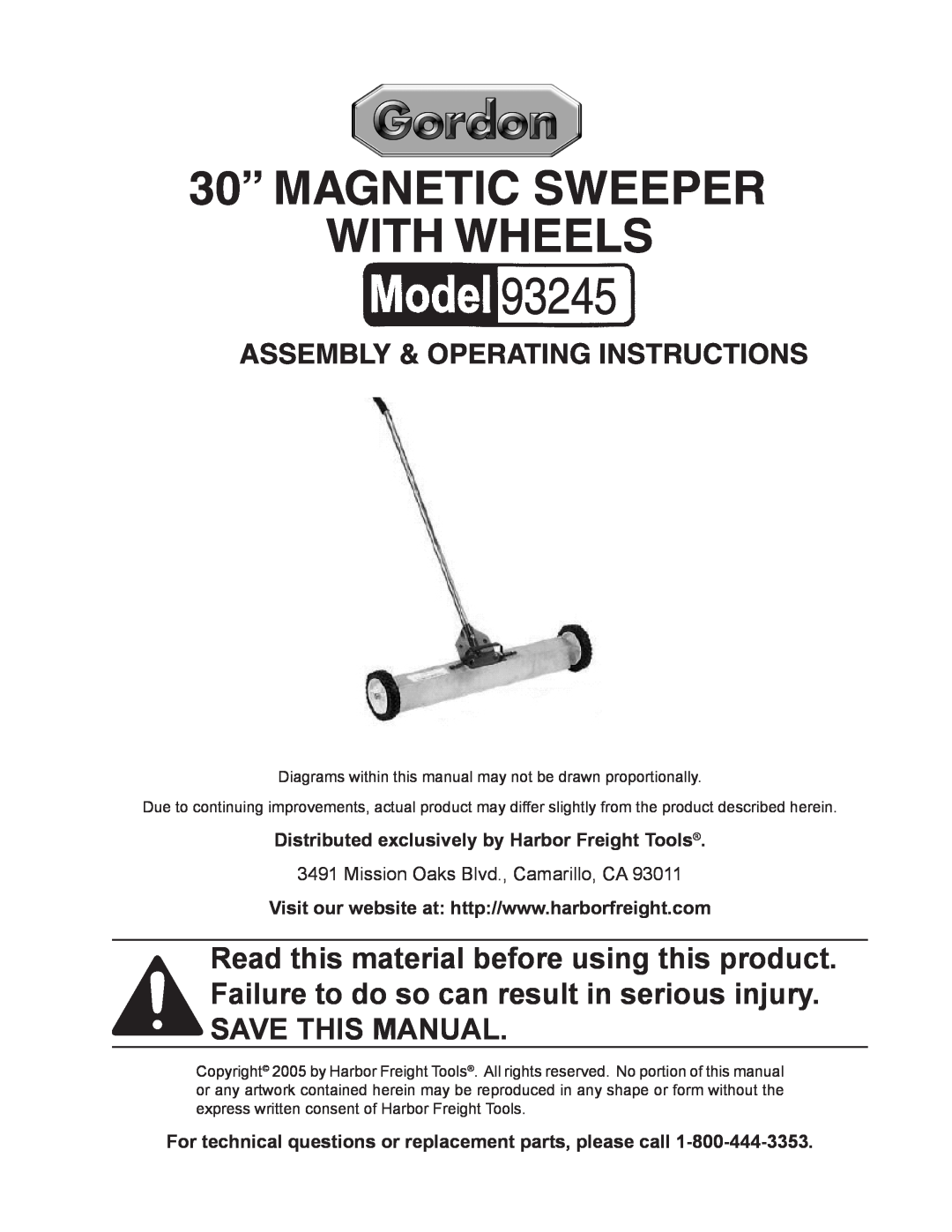 Harbor Freight Tools 93245 manual Mission Oaks Blvd., Camarillo, CA, 30” MAGNETIC SWEEPER WITH WHEELS 