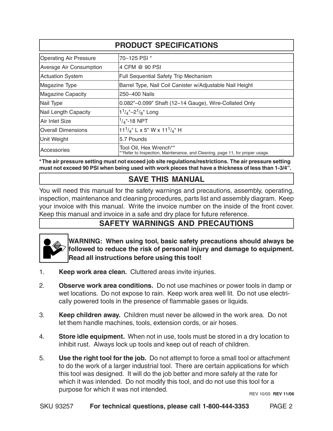 Harbor Freight Tools 93257 operating instructions Product Specifications, Save this Manual, Safety Warnings and Precautions 