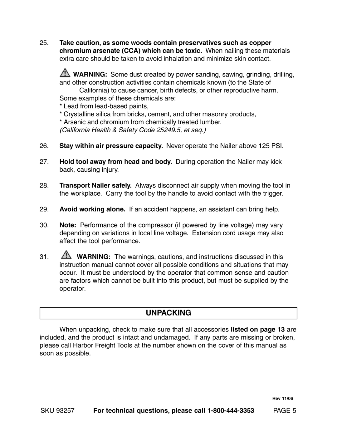 Harbor Freight Tools 93257 operating instructions Unpacking, California Health & Safety Code 25249.5, et seq 