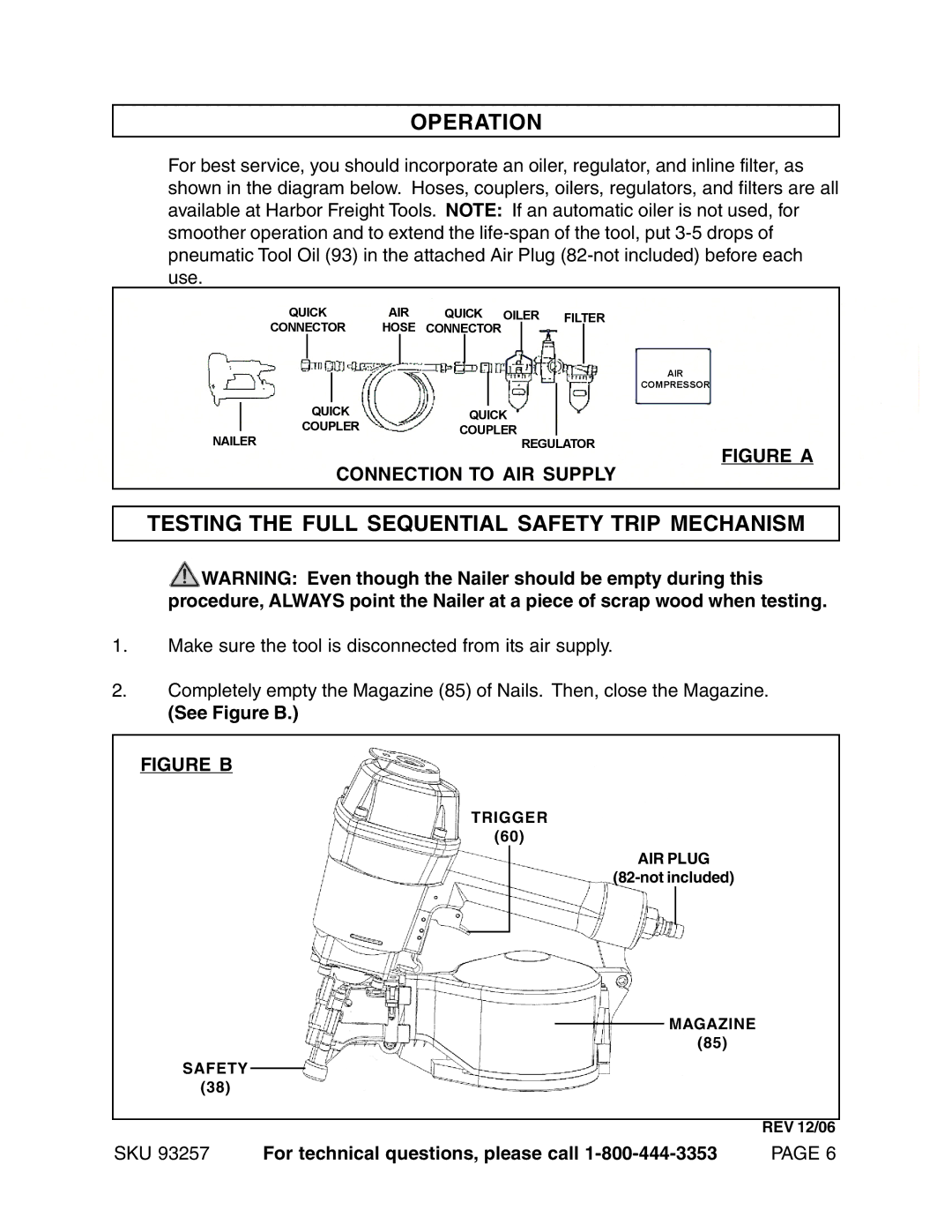 Harbor Freight Tools 93257 Operation, Testing the Full Sequential Safety Trip Mechanism, See Figure B 