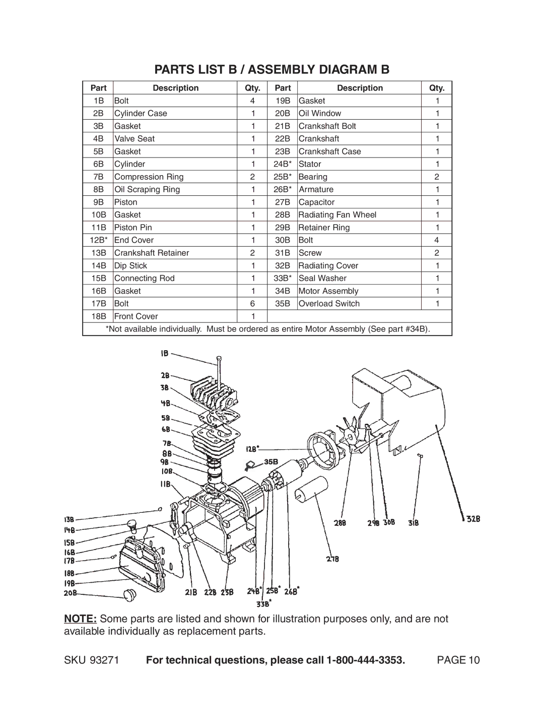 Harbor Freight Tools 93271 operating instructions Parts List B / Assembly Diagram B 