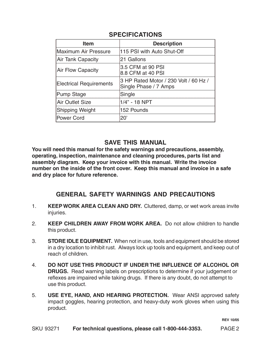 Harbor Freight Tools 93271 operating instructions Specifications, Save this Manual, General Safety Warnings and Precautions 