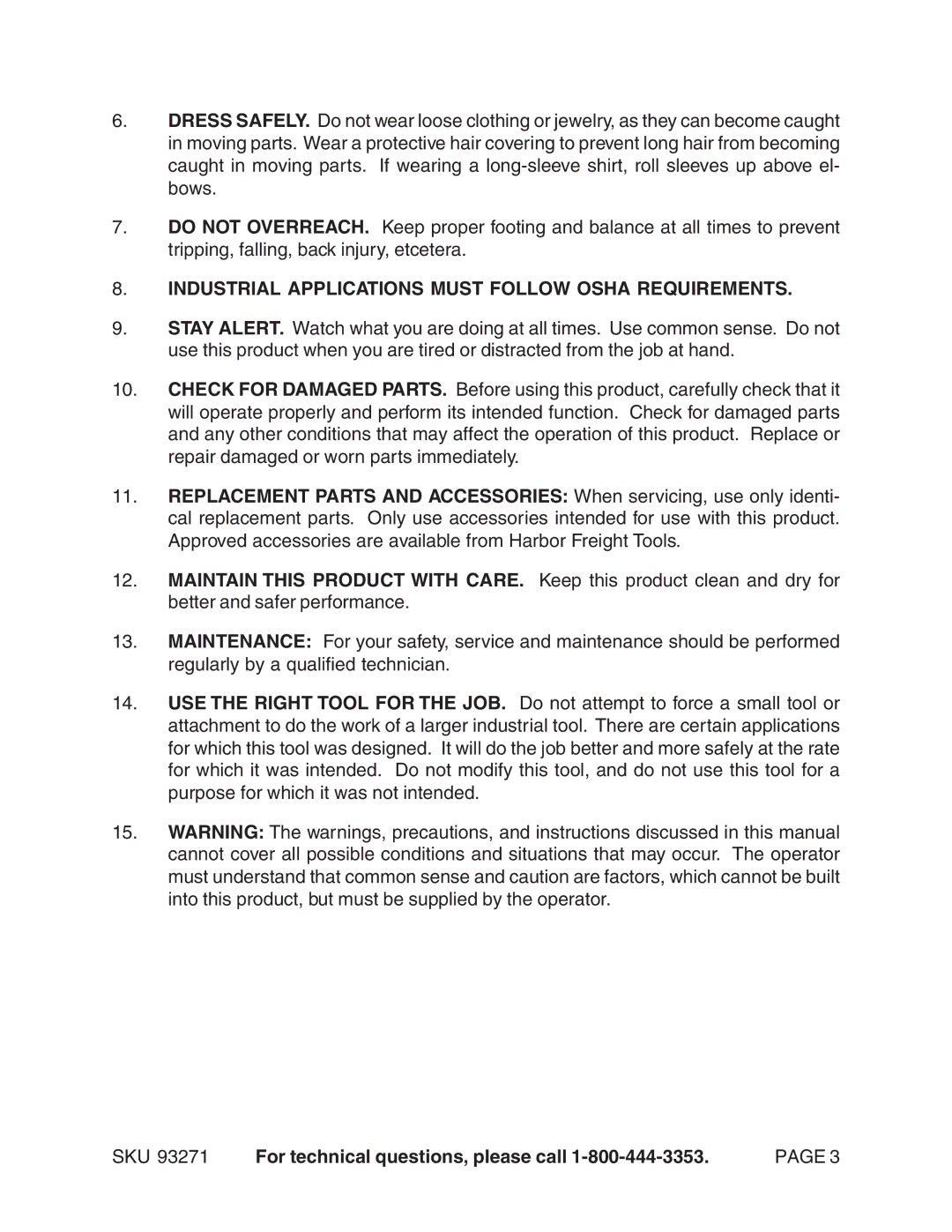 Harbor Freight Tools 93271 operating instructions Industrial Applications Must Follow Osha Requirements 