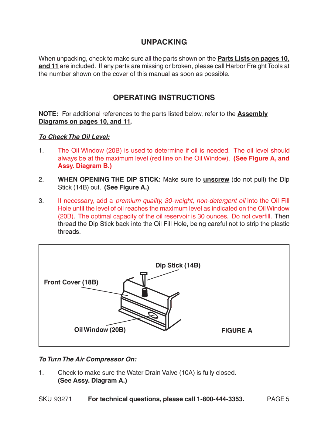 Harbor Freight Tools 93271 Unpacking, Operating Instructions, To Check The Oil Level, To Turn The Air Compressor On 