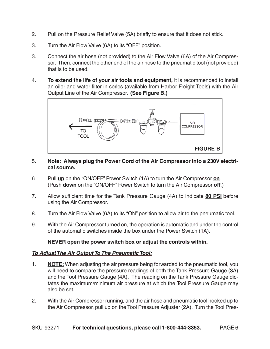 Harbor Freight Tools 93271 operating instructions Figure B, To Adjust The Air Output To The Pneumatic Tool 