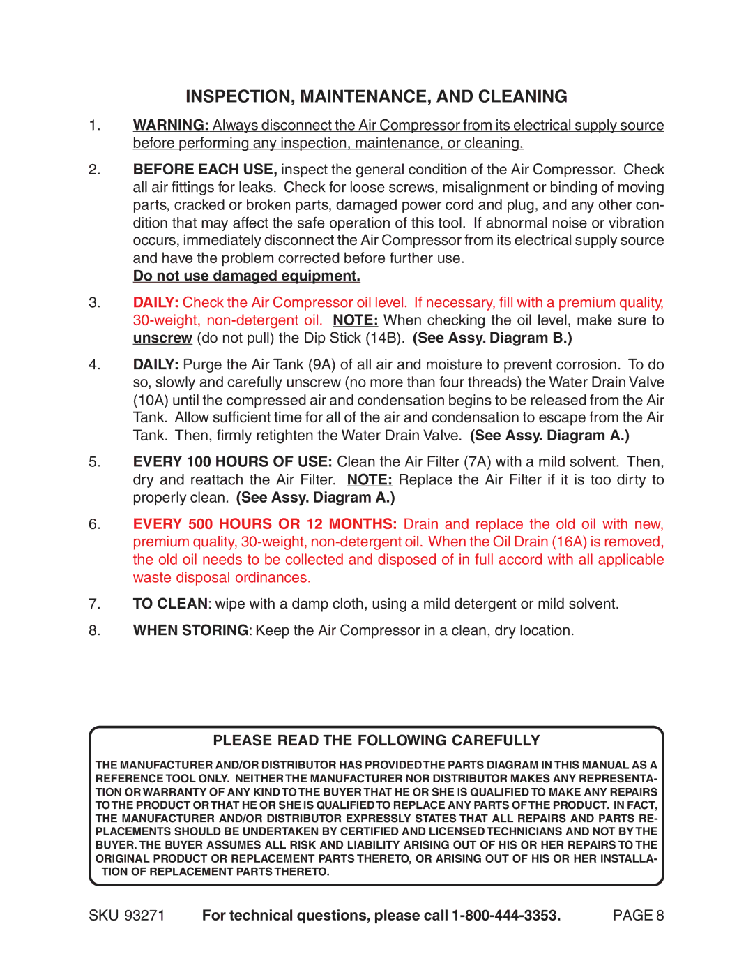 Harbor Freight Tools 93271 operating instructions INSPECTION, MAINTENANCE, and Cleaning, Do not use damaged equipment 