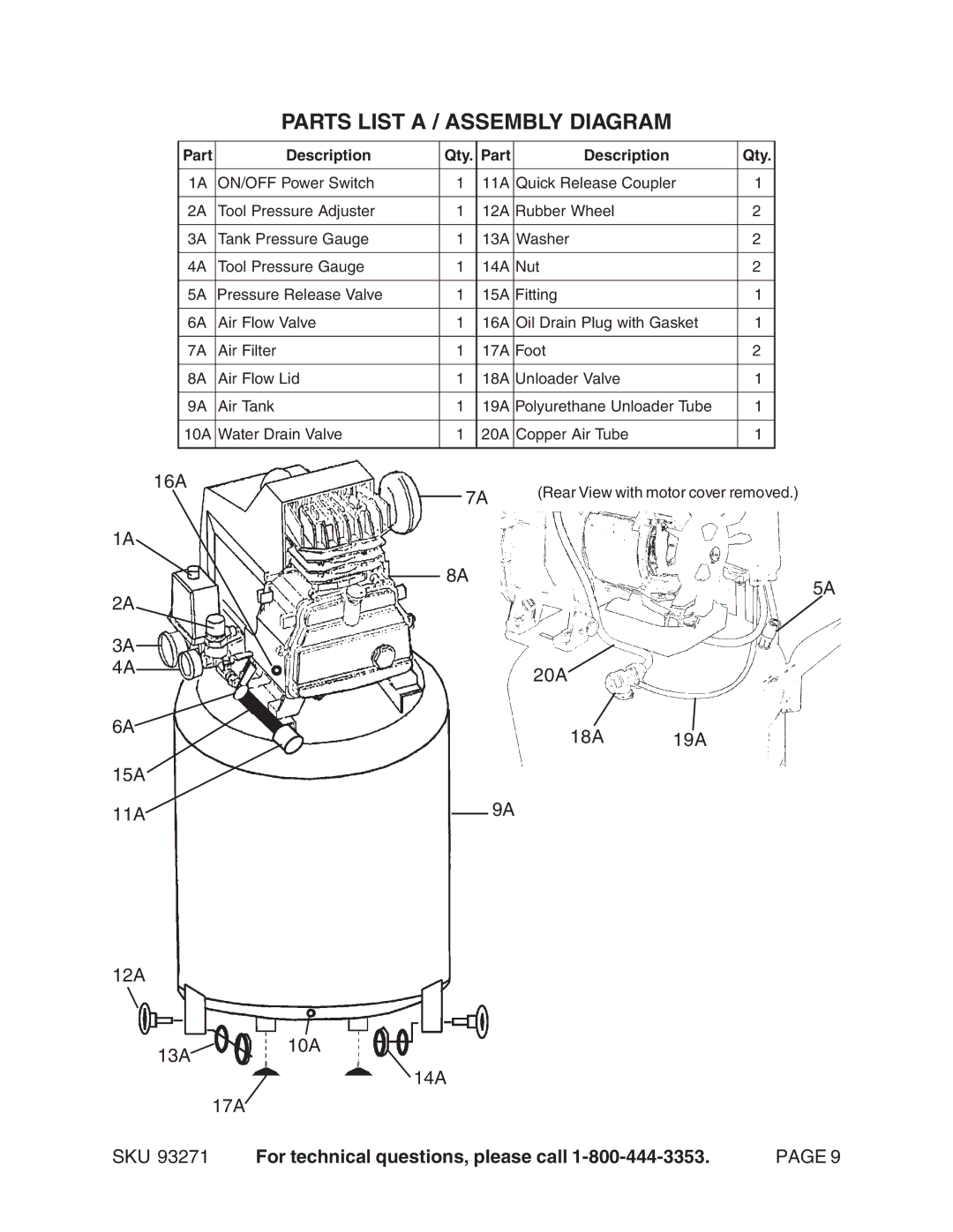 Harbor Freight Tools 93271 operating instructions Parts List a / Assembly Diagram, Part Description Qty 