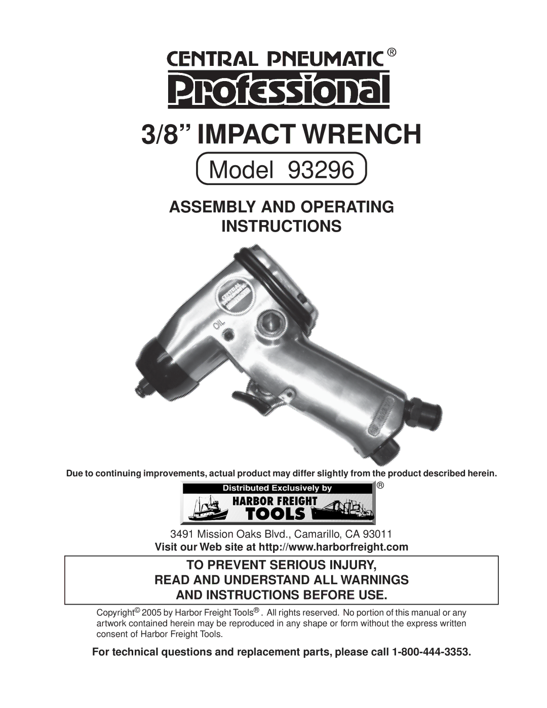 Harbor Freight Tools 93296 operating instructions Impact Wrench 