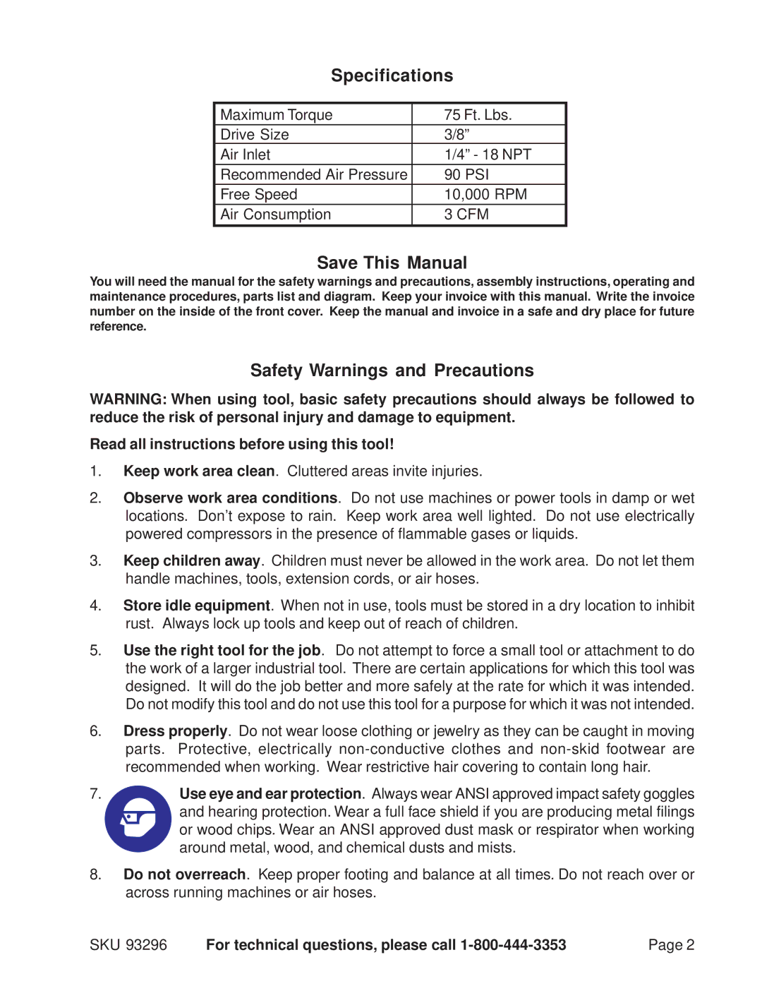 Harbor Freight Tools 93296 operating instructions Specifications, Save This Manual, Safety Warnings and Precautions 