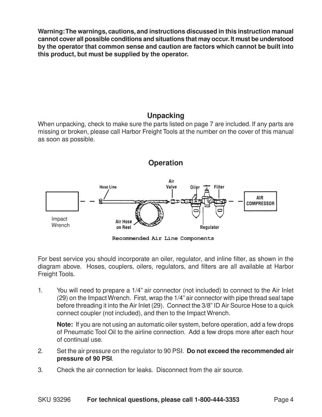 Harbor Freight Tools 93296 operating instructions Unpacking, Operation 