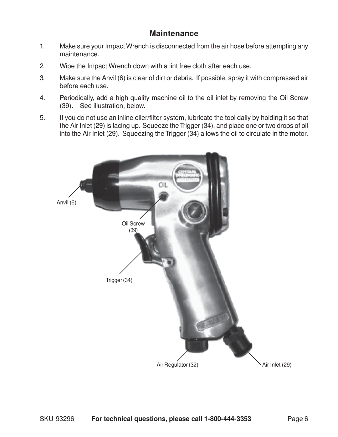 Harbor Freight Tools 93296 operating instructions Maintenance 