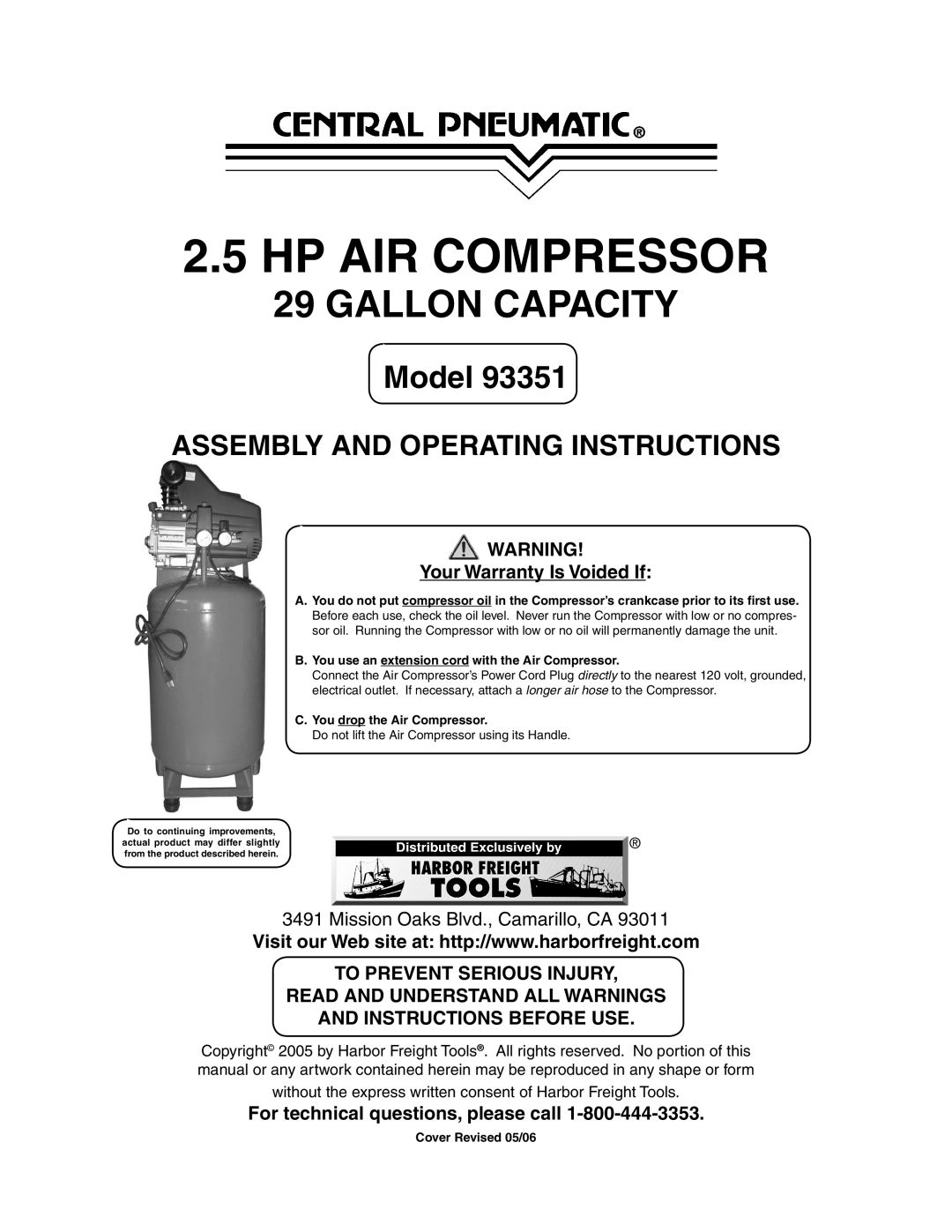 Harbor Freight Tools 93351 operating instructions HP AIR Compressor 