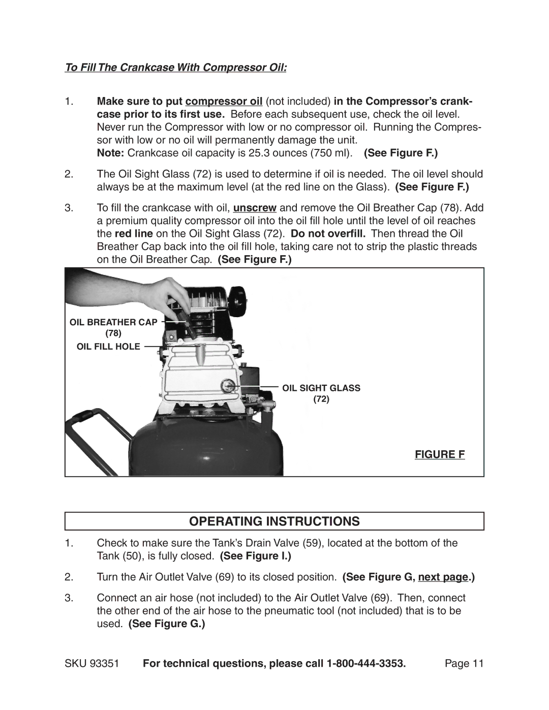 Harbor Freight Tools 93351 operating instructions Operating Instructions, Figure F 